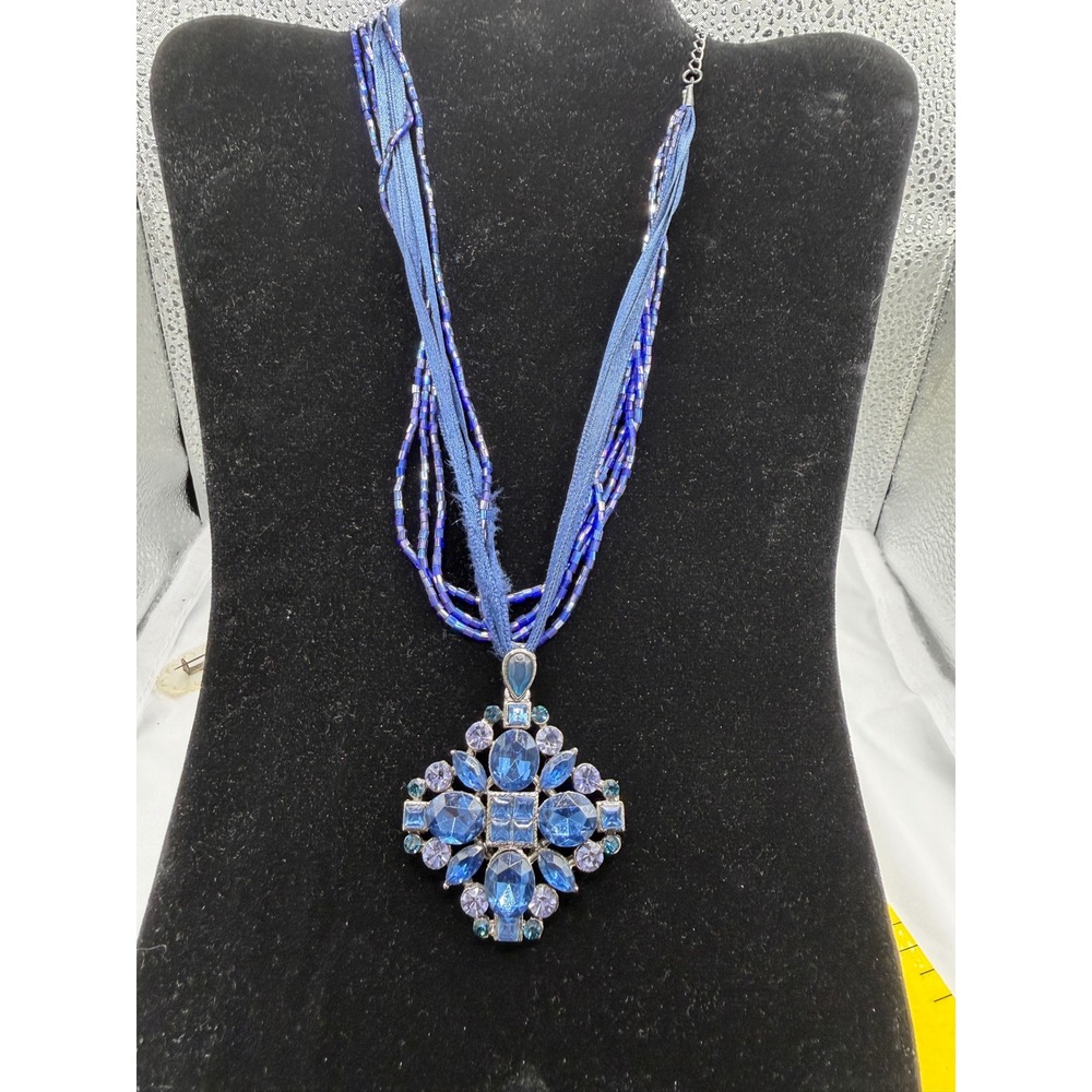 Loft Blue Multi Strand Beaded Statement Necklace Rhinestone Pendant Silver Tone
